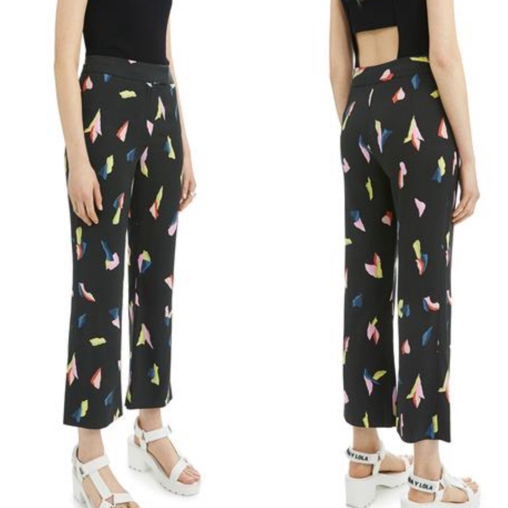 Black Cropped Wide-Leg Pants with Multicolor Abstract Print